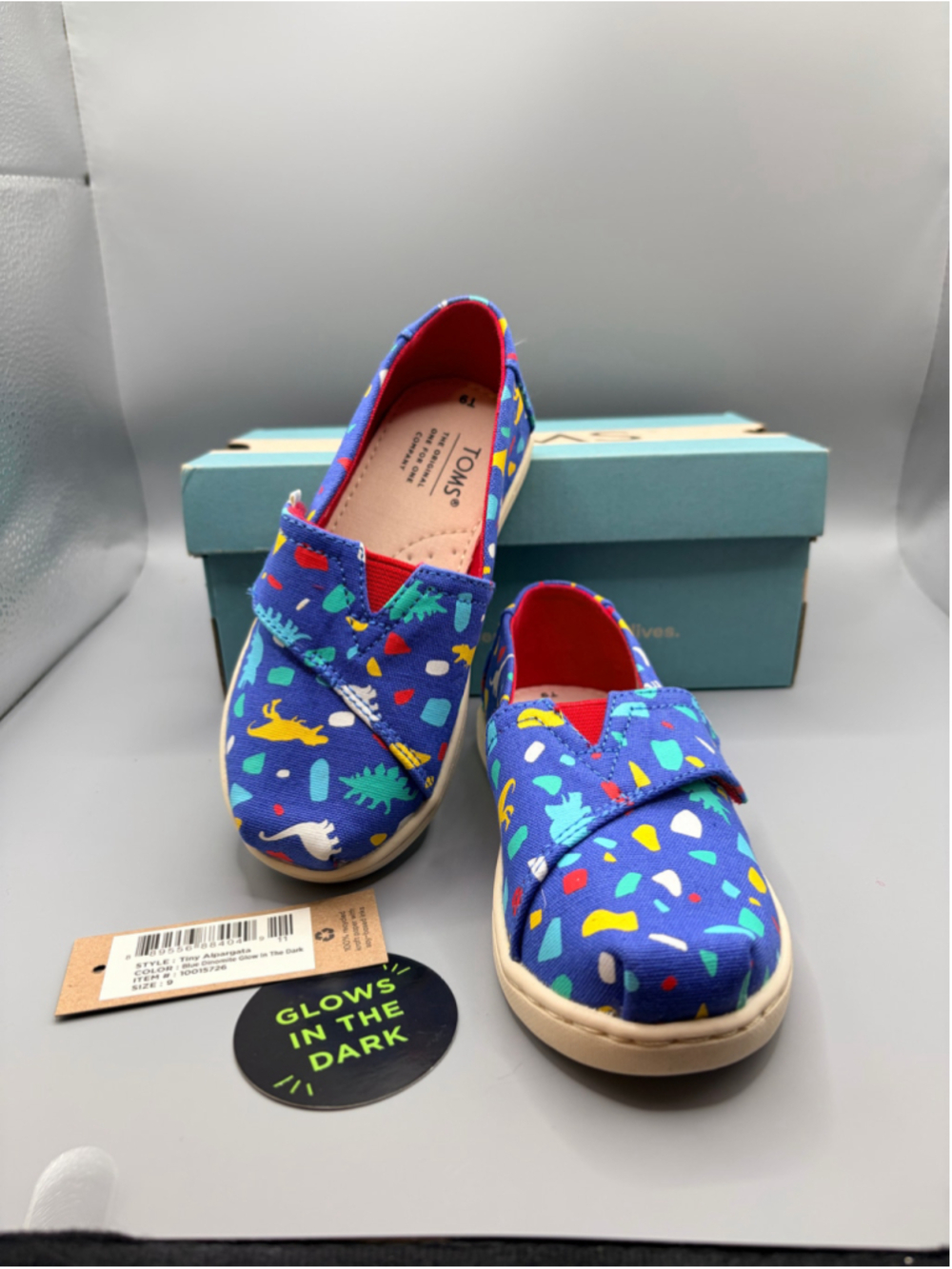 TOMS Tiny Alpargata Blue Dinomite Glow in the Dark size T9
